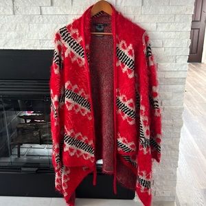 Vertigo Asymmetrical Open Cardigan Swing Sweater, size Large